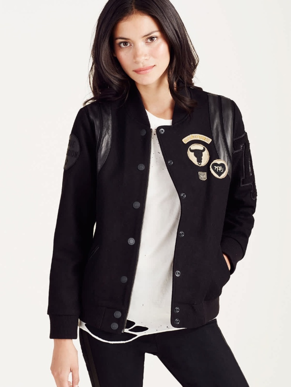 True Religion Black Varsity Jacket with Yellow Patch Accents
